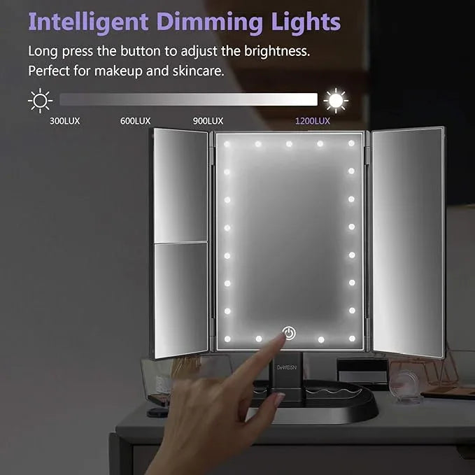deweisn Trifold Lighted Vanity Makeup Mirror with 21 LEDs Lights,1x/2x/3x Magnification and Touch Screen Dimming,Two Power Supplies Makeup Mirror, Gift for Women - ModernBath