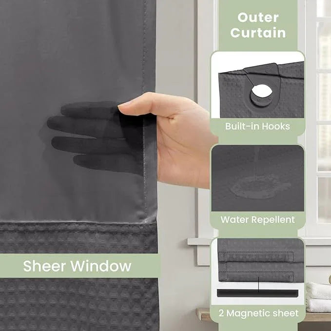 Inhousolu Extra Long No Hook Shower Curtain with Snap in Fabric Liner Set Waffle Weave 230GSM Weighted Hem, Waterproof & Washable Bathroom Curtain Spa with Mesh Top Window 72" W x 84" L Graphite Grey - ModernBath