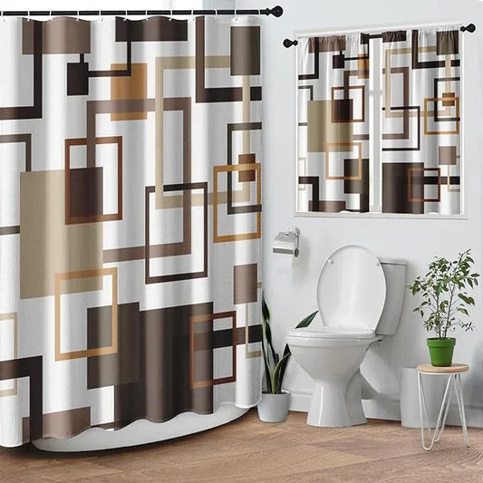 Culudea Geometric Vintage Brown Shower Curtain Set, Abstract Modern Line Bathroom Window Waterproof Shower Curtain Set for Bathroom Decor - ModernBath