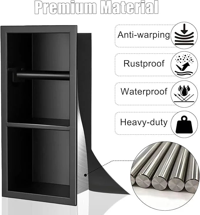 Recessed Toilet Paper Holder, Matte Black Toilet Paper Roll Holder Built-in Bathroom Tissue Roll Holder with Storage, Stainless Steel，Rust-Proof and Space-Saving - ModernBath