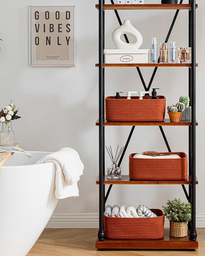 Small Woven Basket, 13.5 x 9.5 x 5 Inches, Storage Basket for Organizing, Cute Small Rope Shelf Closet Cube Storage Bins Baskets for Shelves, Dog Toy Gift Baskets Empty, 3 Pack Rust Red - ModernBath