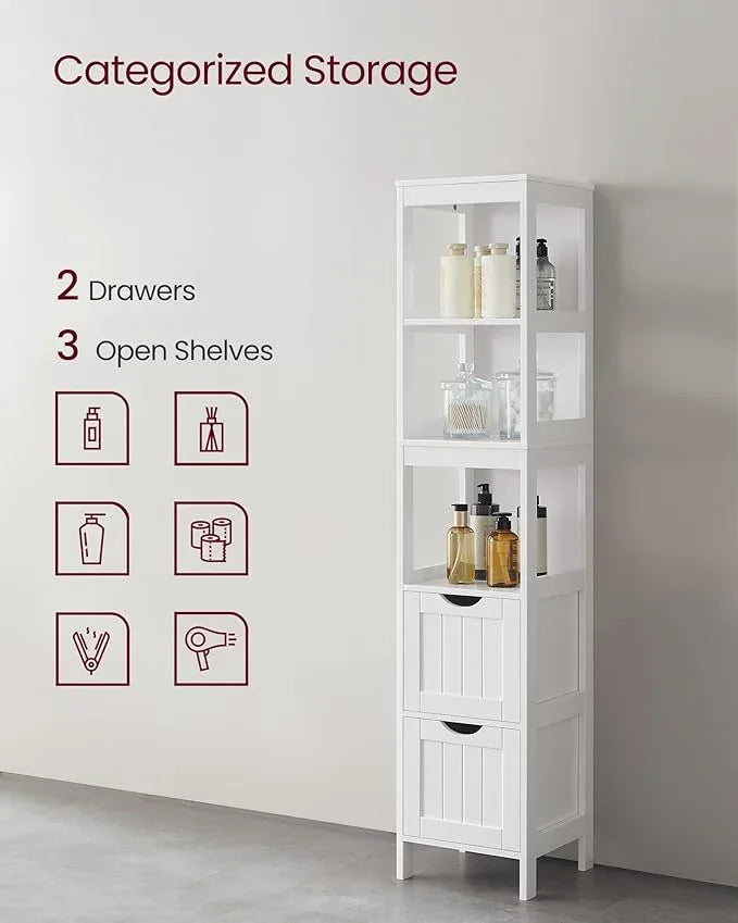 VASAGLE Storage Cabinet, Storage Organizer Rack Stand for Bathroom, Living Room, Bedroom, Multifunctional Corner Unit, 2 Drawers, 55.7 Inches in Height, White UBBC66WT - ModernBath