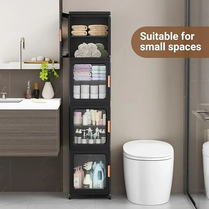 BROVIEW 4-Tier Tall Narrow Storage Cabinet 14.6” Wide, Slim Bathroom Cabinets with Adjustable Shelves and Doors, Plastic Kitchen Pantry Organizers and Storages for Small Space, Laundry, Black - ModernBath