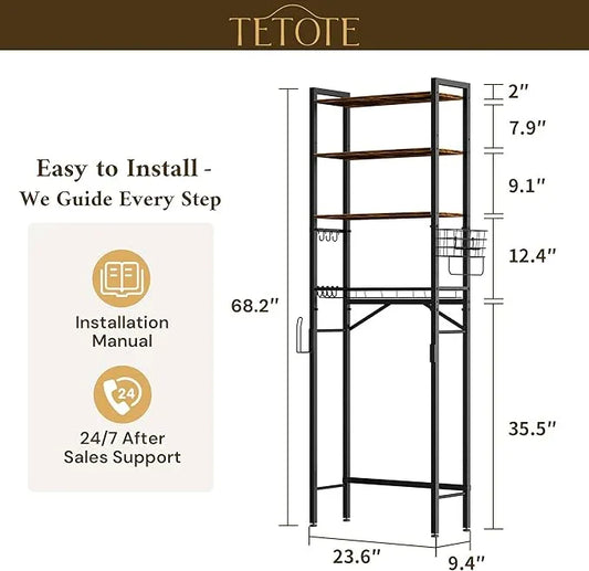 TETOTE Over Toilet Bathroom Organizer, 4-Tier Bathroom Over The Toilet Storage with Adjustable Shelf and Basket, Freestanding Space Saver Bathroom Shelves Above Toilet for Room(Brown) - ModernBath