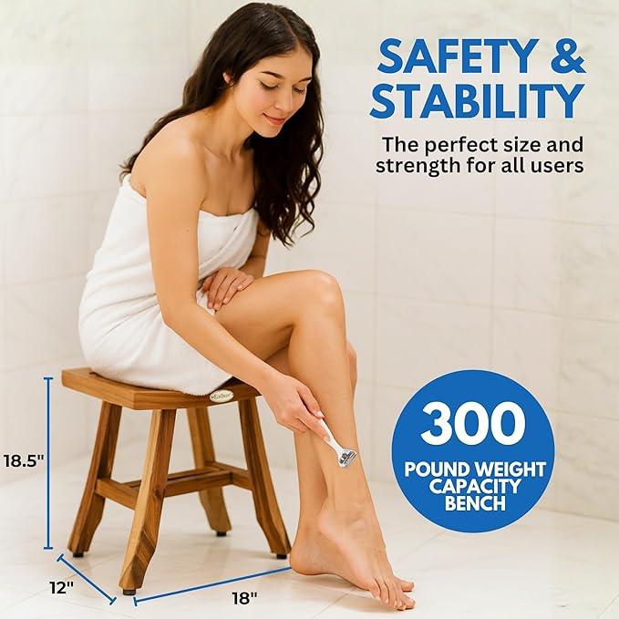 EcoDecors 18 Inch Satori Natural Teak Waterproof Teak Wood Shower Bench Stool Seat Chair For Inside Shower Provides Safety, Storage, and Organization For Bathroom Accessories - ModernBath