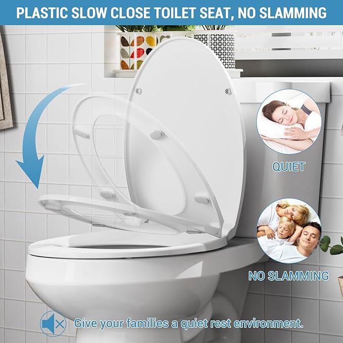 Soft Close Elongated Toilet Seat – Locking Hinges, Flat Lid, Quick-Release, Easy to Clean, Durable, Stable – Ideal for Bathroom, Family, Apartment, Hotel Global Fit– White, Elongated, Regular - ModernBath