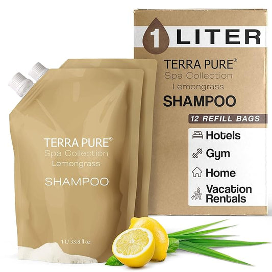 Terra Pure Spa Collection 1 Liter Shampoo Refill Bag For Soap Dispensers | Bulk Toiletries for Vacation Rentals, and Home Bathroom Showers | Green Tea Lemongrass | Set of 12