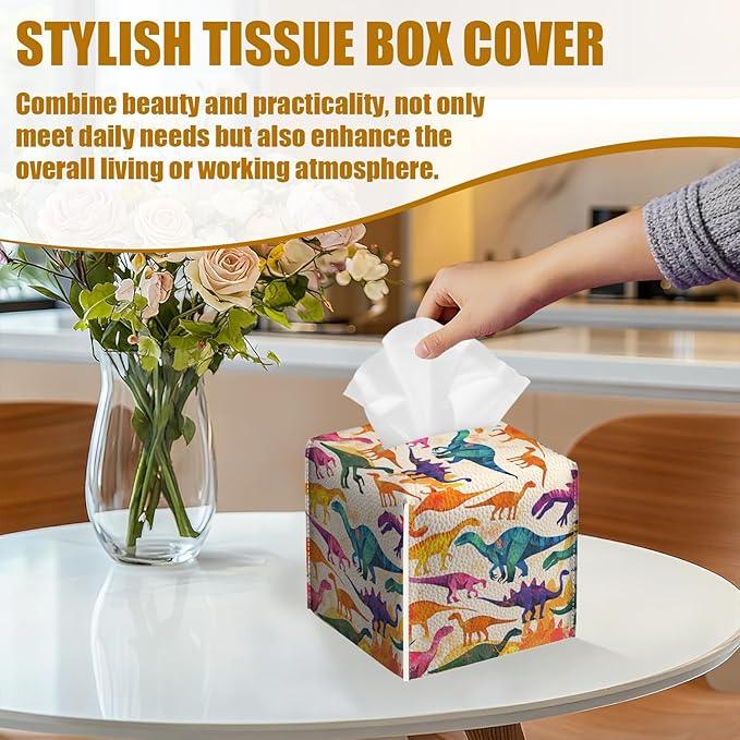 Cute Dinosaur Tissue Box Cover 2PCS, Leather Tissue Box Holder Square Facial Paper Case Tissue Box Cube Organizer for Bathroom Bedroom Desk Office - ModernBath