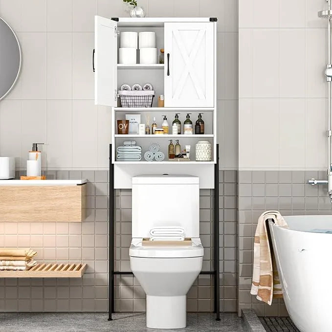 Vabches Over The Toilet Storage Cabinet, Farmhouse Over Toilet Storage Cabinet, Metal Frame with 2 Barn Doors, Home Space-Saving Toilet Rack for Bathroom, Toilet, Laundry Room - ModernBath