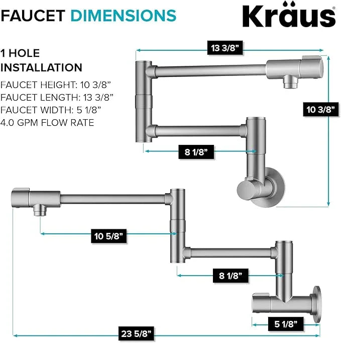 KRAUS Bolden 2 Handle Pot Filler Faucet with Retractable Arm, Wall Mount Kitchen Faucet, Pot Filler for Over Stove in Spot-Free Stainless Steel, KPF-5003SFS - ModernBath