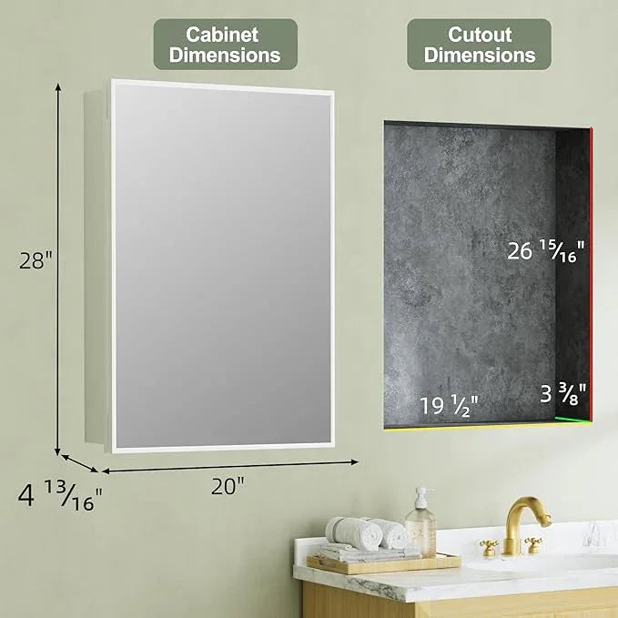 Buruis 20" x 28" Framed Medicine Cabinet with Mirror, Recessed or Wall Mounted Bathroom Cabinet, Adjustable Tempered Glass Shelves, Left/Right Open Reversible, No Assembly Required, White - ModernBath