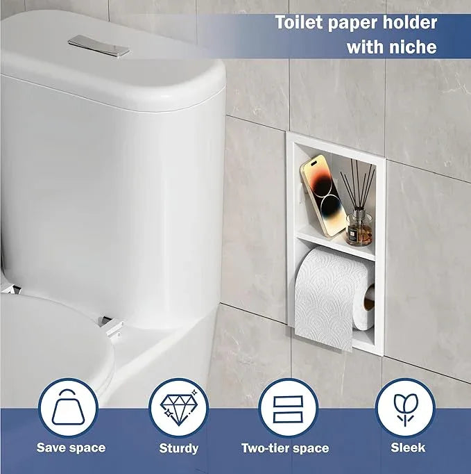 Toilet Paper Holder Recessed Wall,Double-Layer Storage Roll Paper Dispenser, Can Also be Used as Footrest,Soap Holder and Shower Niche,Stainless Steel,Matte White,13.5 in X 18 in X 4 in - ModernBath