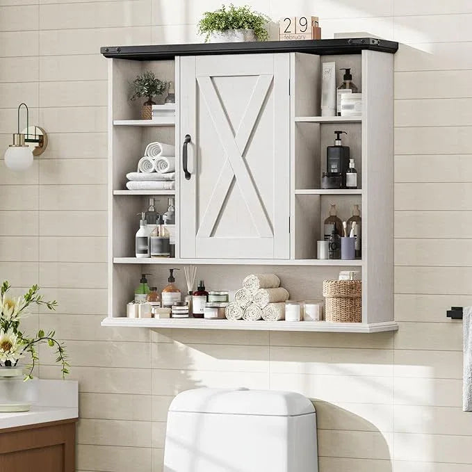Bathroom Wall Cabinet, Farmhouse Medicine Cabinet with Adjustable Shelves and Barn Doors, Large Wall Mounted Over the Toilet Storage Cabinet for Bathroom, Laundry Room, Kitchen, Rustic White and Black - ModernBath
