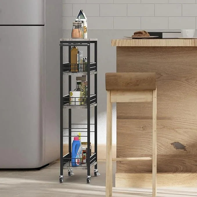 4 Tier Slim Storage Cart Narrow Laundry Cart on Wheels Utility Kitchen Rolling Cart with Wood Tabletop Mobile Shelving Unit Bathroom Storage Organizer Slide Out Rolling Tower for Narrow Spaces - ModernBath