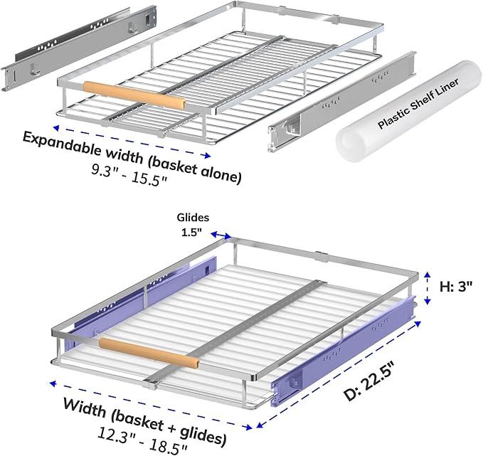 Pull Out Drawer Cabinet Organizer, Expandable Slide Out Storage Shelves - Heavy Duty, Durable and Smooth Slide-Out, 12.3"~18.3" Wide x 22.5" Deep, 1 Pack - ModernBath