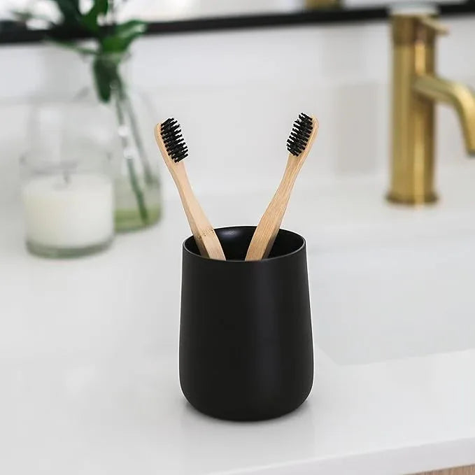 Yew Design Matte Black Toothbrush and Toothpaste Holder and Cup for Bathroom Vanity and Countertop, Round Organizer for Electric Toothbrushes, Floss, Razors, Cotton, and Mouthwash - ModernBath