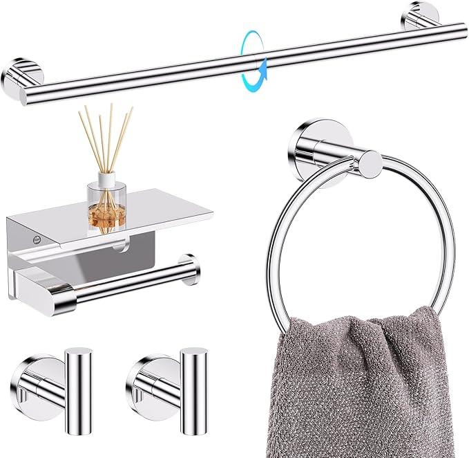 TQKAG 5 Piece Bathroom Towel Bar Holder Sets Polished Chrome Bathroom Hardware Set Stainless Steel Toilet Paper Holder with Shelf Bathroom Accessories Kit Wall Mounted - ModernBath