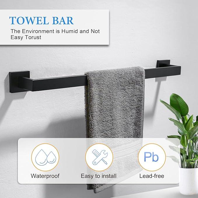 TNOMS 6-Piece Black Bathroom Hardware Set 23.6 Inch Towel Bar Set Double Towel Bar Towel Ring Coat Hook and Toilet Paper Holder with Shelf Wall Mounted Stainless Steel Bathroom Accessories Set - ModernBath