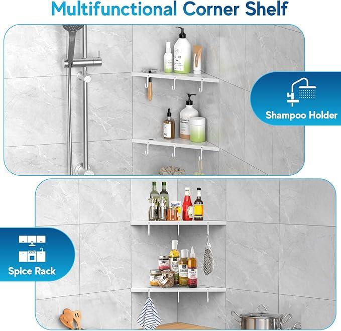 Corner Shower Shelves, 10" White 304 Stainless Steel Recessed Shelf for Bathroom，Grout in Shelf with Hooks for Tiled Wall 2 Pack (White) - ModernBath