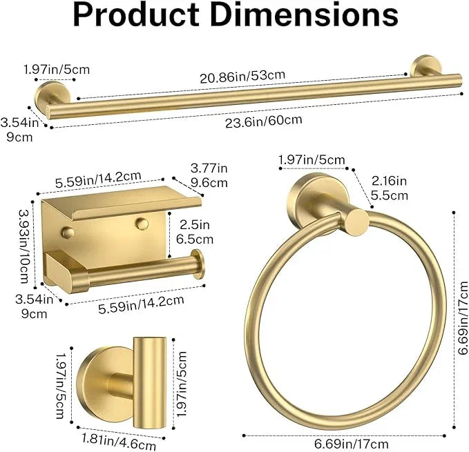 Brushed Gold Bathroom Hardware Set 5 Pieces Towel Bar Set Round Towel Holder Set for Bathroom,Upgraded Toilet Paper Holder with Shelf,Stainless Steel Wall Mounted 23.6 Inch - ModernBath