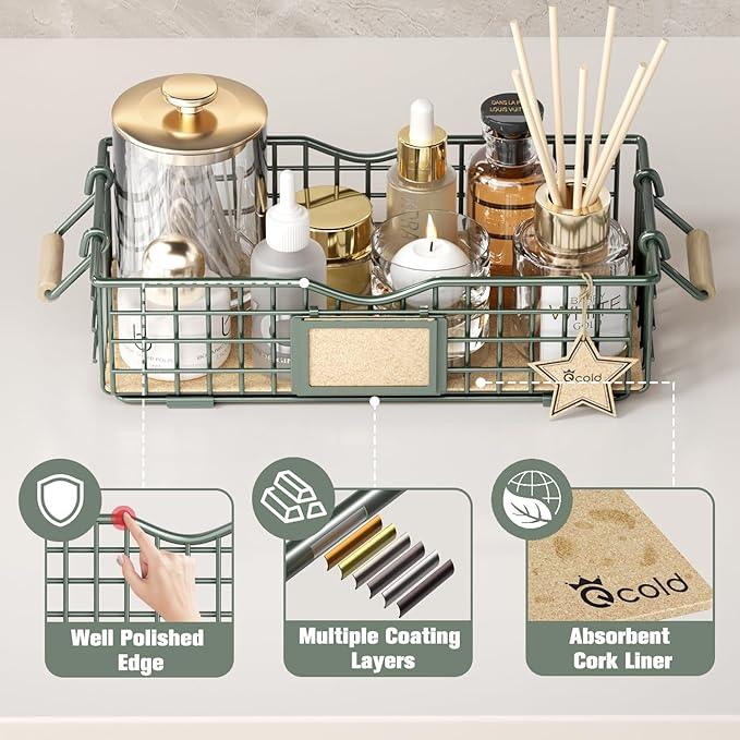 Bathroom Organizers and Storage, 4 Pack Storage Baskets for Shelves, Multipurpose Bins Organizer with Wooden Handles, Decorative Organizer Basket Set for Bathroom, Laundry, Living Room - Green - ModernBath
