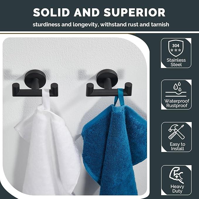Angle Simple Double Towel Hook Matte Black 2 PCS, Stainless Steel Bathroom Robe Hook, Hand Towel Holder for Wall - ModernBath