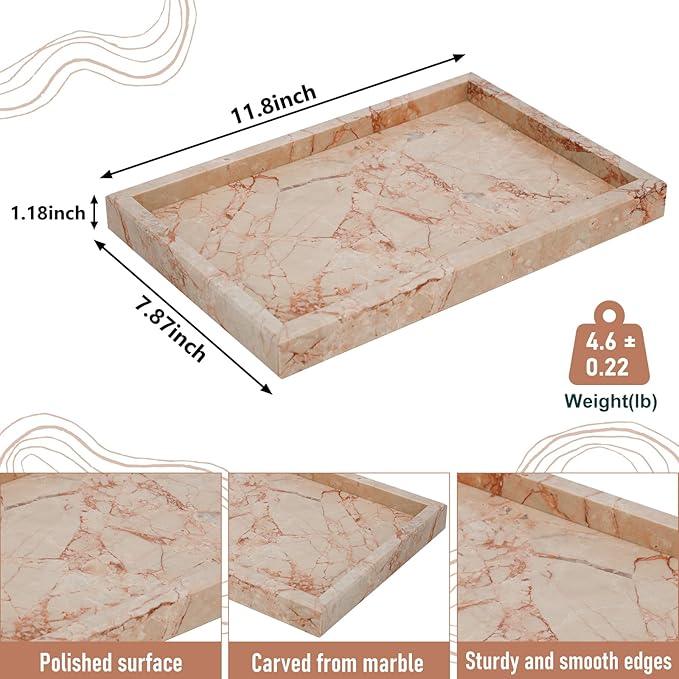 MULWR Marble Bathroom Tray,Pure Natural Vanity Tray,Marble Trays for Kitchen Counter Non-Ceramic/Non-Resin,Stone Tray 12 x 8 inch (Pink) ﻿ - ModernBath