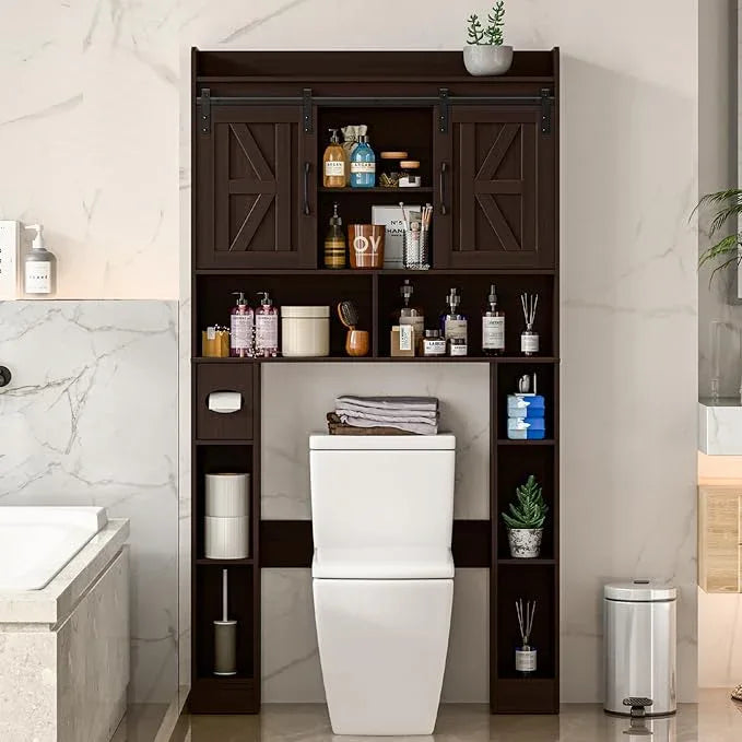 Over The Toilet Storage Cabinet, Farmhouse Toilet Cabinet Rack with Barn Doors, Space Saving Bathroom Organizer with Shelves, Toilet Paper Holder and Towel Rack for Bathroom,Restroom,Laundry,Walnut - ModernBath