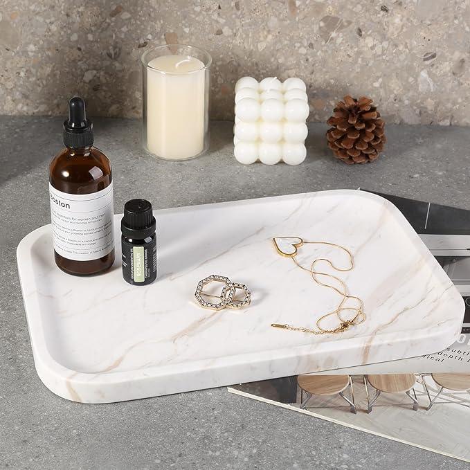 Karibiber Marble Vanity Tray, Marble Bathroom Tray Countertop, Decorative Trays for Dresser Organizer, White Stone Storage Serving Trays for Kitchen, Perfume, Jewelry Cathall Holder - ModernBath
