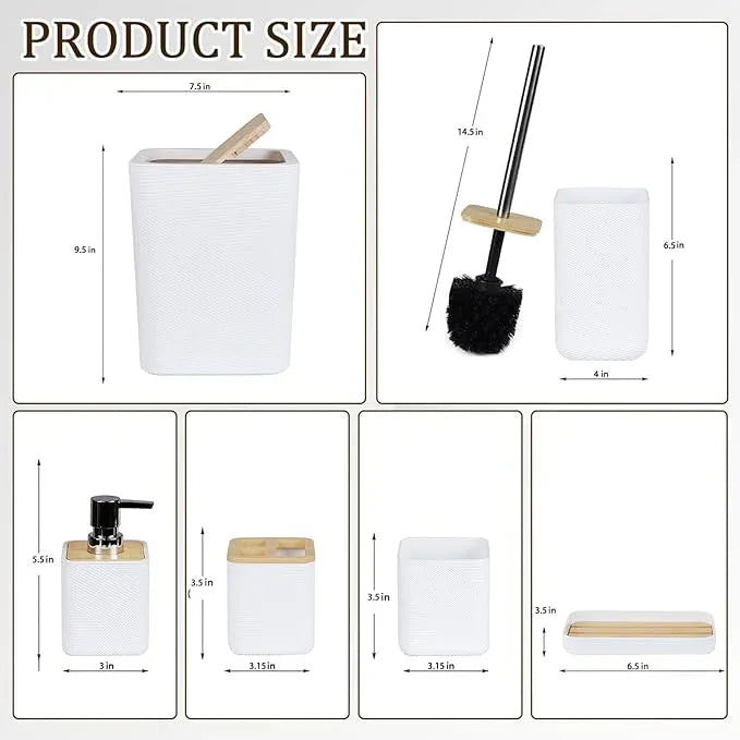 CERBIOR Bathroom Accessories Set 6 Piece Bamboo Bath Ensemble Includes Soap Dispenser, Toothbrush Holder, Toothbrush Cup, Soap Dish for Decorative Countertop and Housewarming Gift (White) - ModernBath