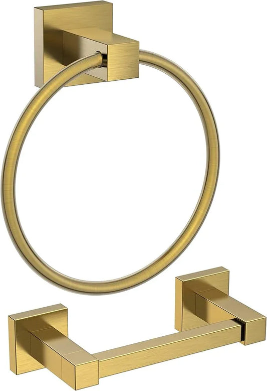 FORIOUS Toilet Paper Holder Wall Mount and Hand Towel Ring Set, SUS 304 Stainless Steel Double Post Pivoting Tissue Roll Holder, Modern Bathroom Hardware Accessories Set, Brushed Gold - ModernBath