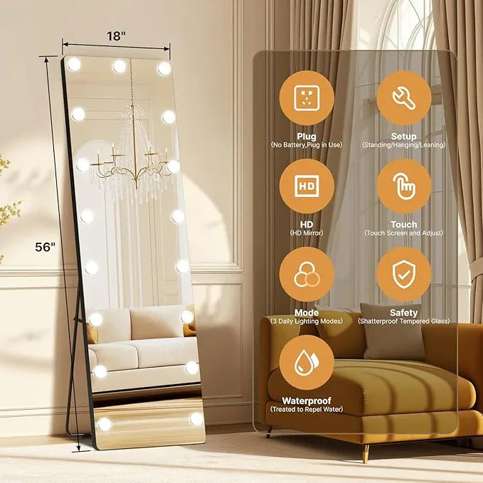 Kosmonia 56x18 Hollywood Full Length Mirror with Light, 17 Dimmable Bulbs & 3 Color Smart Touch Control, Distortion Free, Tempered Glass & Shatter Proof Film, Safe Full Body Mirrors with Stand - ModernBath