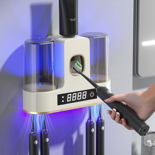 POPZJXDM Electric Toothbrush Holders for Bathrooms, Dustproof Smart Toothbrush Holder Wall Mounted - 4 Brush/2 Cups, Auto Toothpaste Dispenser, Hot Air Drying & LCD Display,Toothbrush Cleaner (White)