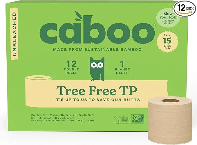 Caboo Tree Free Unbleached Toilet Paper | Plastic Free Packaging, Septic Safe, Eco Friendly, Chemical Free, Non Toxic | 2 Ply Toilet Tissue, Pack of 12 Double Rolls, 300 Sheets Per Roll - ModernBath