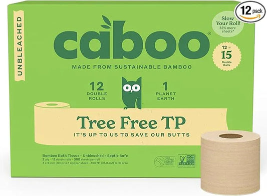 Caboo Tree Free Unbleached Toilet Paper | Plastic Free Packaging, Septic Safe, Eco Friendly, Chemical Free, Non Toxic | 2 Ply Toilet Tissue, Pack of 12 Double Rolls, 300 Sheets Per Roll - ModernBath