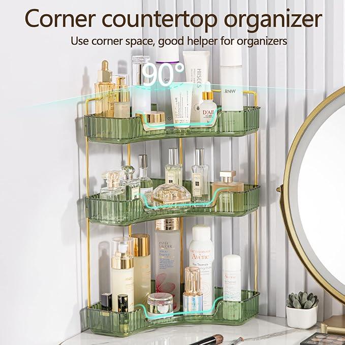 shuang qing 3-Tier Corner Bathroom Counter Organizer – Classic Storage Shelf for Makeup, Perfume & Toiletries, Space-Saving Countertop Tray Fits Bathroom, Dresser, Kitchen (Sage Green) - ModernBath