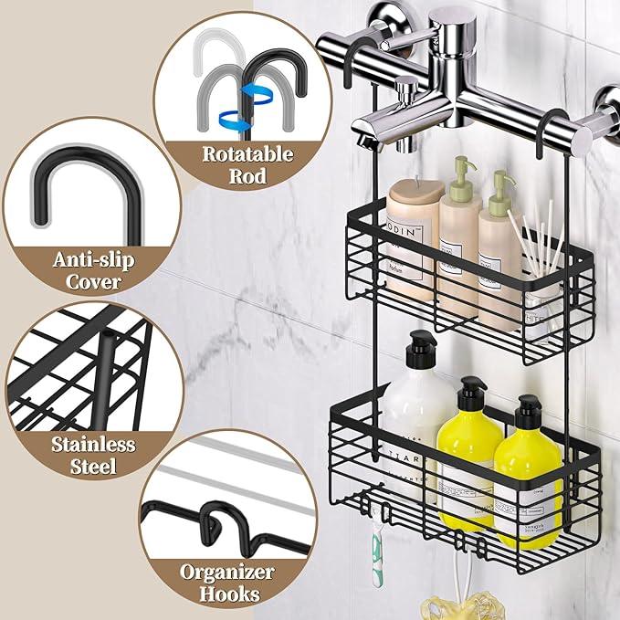 DELLAN 2-Tier Shower Hanging Caddy, Shower Rack with Hooks Over the Door, Stainless Steel Hanging Orangizer and Basket (Black) - ModernBath