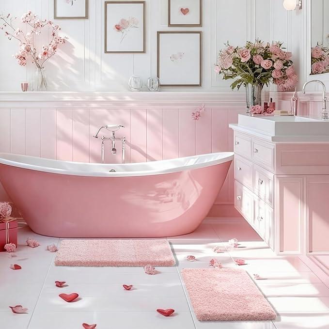 Yimobra Light Pink and White Bathroom Rugs Non Slip Washable, Ultra Soft and Water Absorbent Bath Mats, Plush Fluffy Shower Mat Outside, Microfiber Thick Matts for Bathroom Floor/Sink, 24x17 - ModernBath