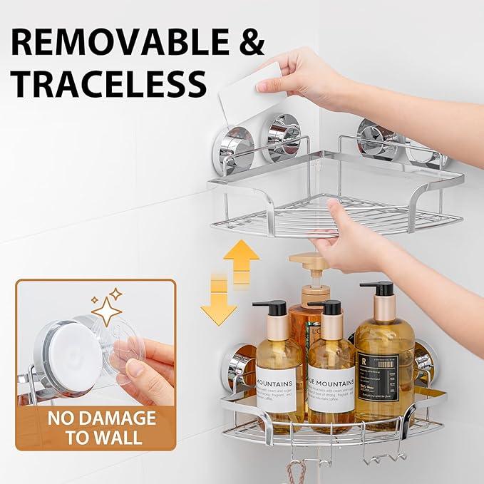 LEVERLOC 2 Pack Powerful Suction Cup Corner Shower Caddy, Stainless Steel Rustproof Shower Shelf with Hooks, Drill-Free Wall Mounted Bathroom Organizer, Large Capacity Removable Suction Basket, Silver - ModernBath