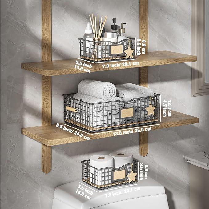 Bathroom Tray Organizers and Storage, 3 Pack Storage Baskets with Wooden Handles, Multipurpose for Bathroom, Coffee Bar, Kitchen cabinet, Living Room - Grey - ModernBath