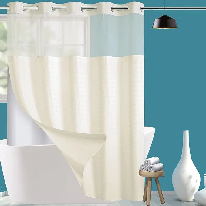Conbo Mio No Hook Shower Curtain with Snap in Liner Set, Hotel Luxury Beige Shower Curtains for Bathroom with See Through Top Window, Waterproof, Washable 71W x 74H - ModernBath