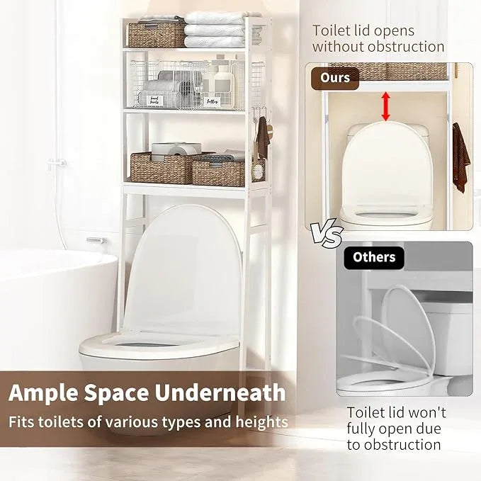 BAMBANG Over The Toilet Storage Rack, 3-Tier Over The Toilet Storage Shelf with 3 Hooks, Freestanding Above Toilet Bathroom Organizer Shelves for Space Saver Storage, Bamboo White - ModernBath
