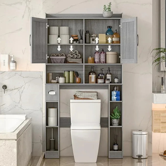 Over The Toilet Storage Cabinet, Farmhouse Toilet Cabinet Rack with Barn Doors, Space Saving Bathroom Organizer with Shelves, Toilet Paper Holder and Towel Rack for Bathroom,Restroom,Laundry,Wash Grey - ModernBath
