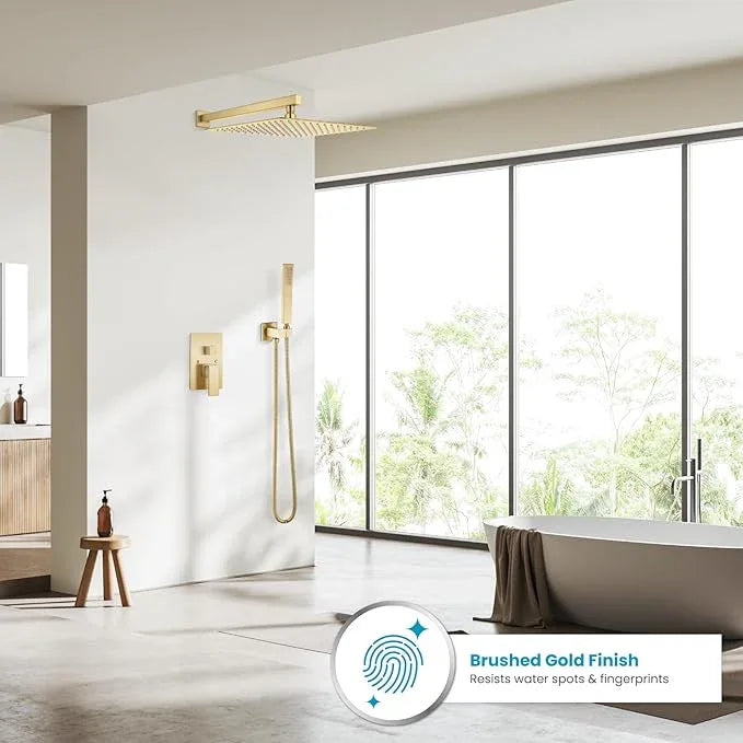 gotonovo Rainfall Bathroom Shower System Rain Shower Head and Handle Set Wall Mounted Shower Complete Combo Solid Brass Pressure Balancing Shower Mixer Valve 16 Inch Brushed Gold - ModernBath