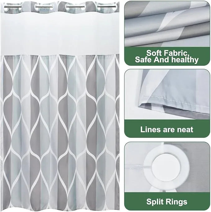 Yiatn No Hook Grey Stall Size Shower Curtain with Snap in Fabric Liner Set - Hotel Style with See Through Mesh Top Window, Modern Geometric Waterdrop Design,Waterproof and Washable, 54x80 INCH - ModernBath