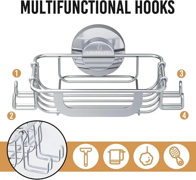 LEVERLOC Bar Soap Holder Dish with Hooks, Soap Tray Suction Cup Wall Mounted for Shower, Stainless Steel Sponge Holder Caddy for Bathroom Kitchen Sink Organizer, Rustproof, Silver - ModernBath