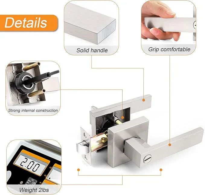 Probrico Heavy Duty Square Satin Nickel Privacy Door Levers, Interior Keyless Locks Bath/Bed Door Locksets, Reversible for Left/Right Handed Doors, 1 Pack - ModernBath