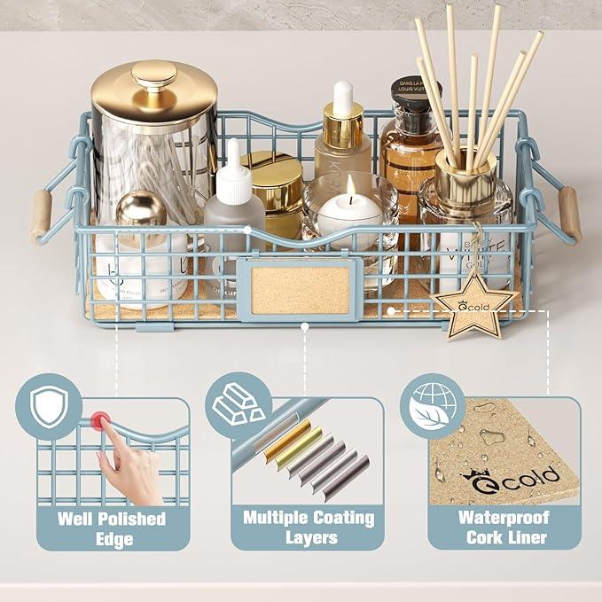 Bathroom Organizer Basket with Handle, Home Decor Basket- Bathroom Organizers and Storage - Exquisite Vanity Tray for Skincare - Restroom Counter Baskets for Organizing - Blue - ModernBath