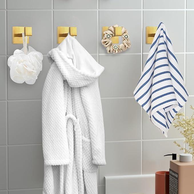 IBosins 4 Pack Towel Hooks Hand Towel Holder for Bathroom Wall Livingroom Bedroom Kitchen Closet Heavy Duty Stainless Steel Hook Hanger for Robe, Bath Towel, Coat (Square Brushed Gold) - ModernBath
