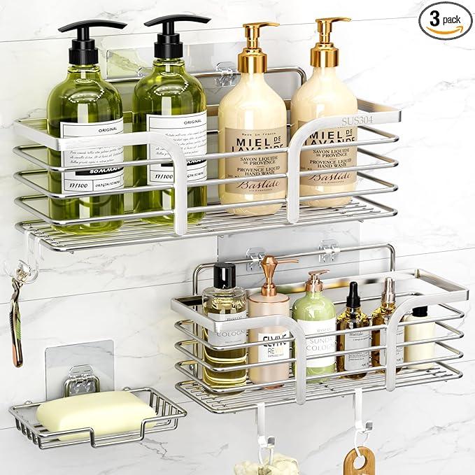 Yougai Shower Caddy Shower Shelf with Soap Dish and 4 Hooks, SUS304 Stainless Steel Shampoo Holder Bathroom Shower Organizer No Drilling Adhesive Wall Mounted Storage Shelves Basket Accessories-3 Pack - ModernBath